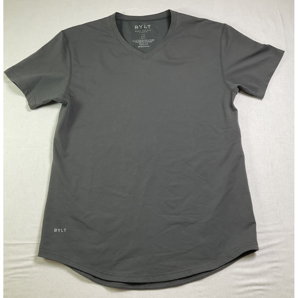 BYLT Drop Cut V Neck Lux T Shirt Mens Large Gray Stretch Short Sleeve Casual 629